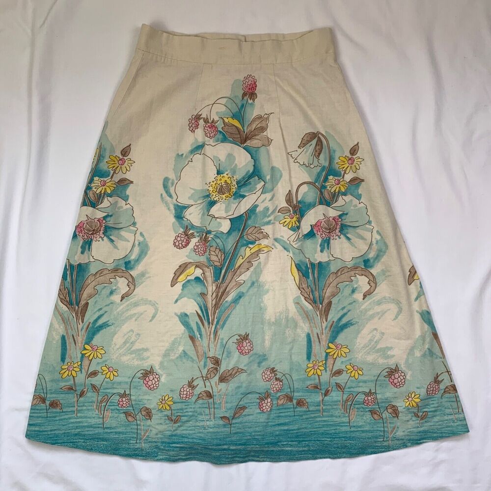 Vintage Floral Full Button Front Midi Skirt XS Blue Ivory Parisian Botanical - Picture 8 of 9